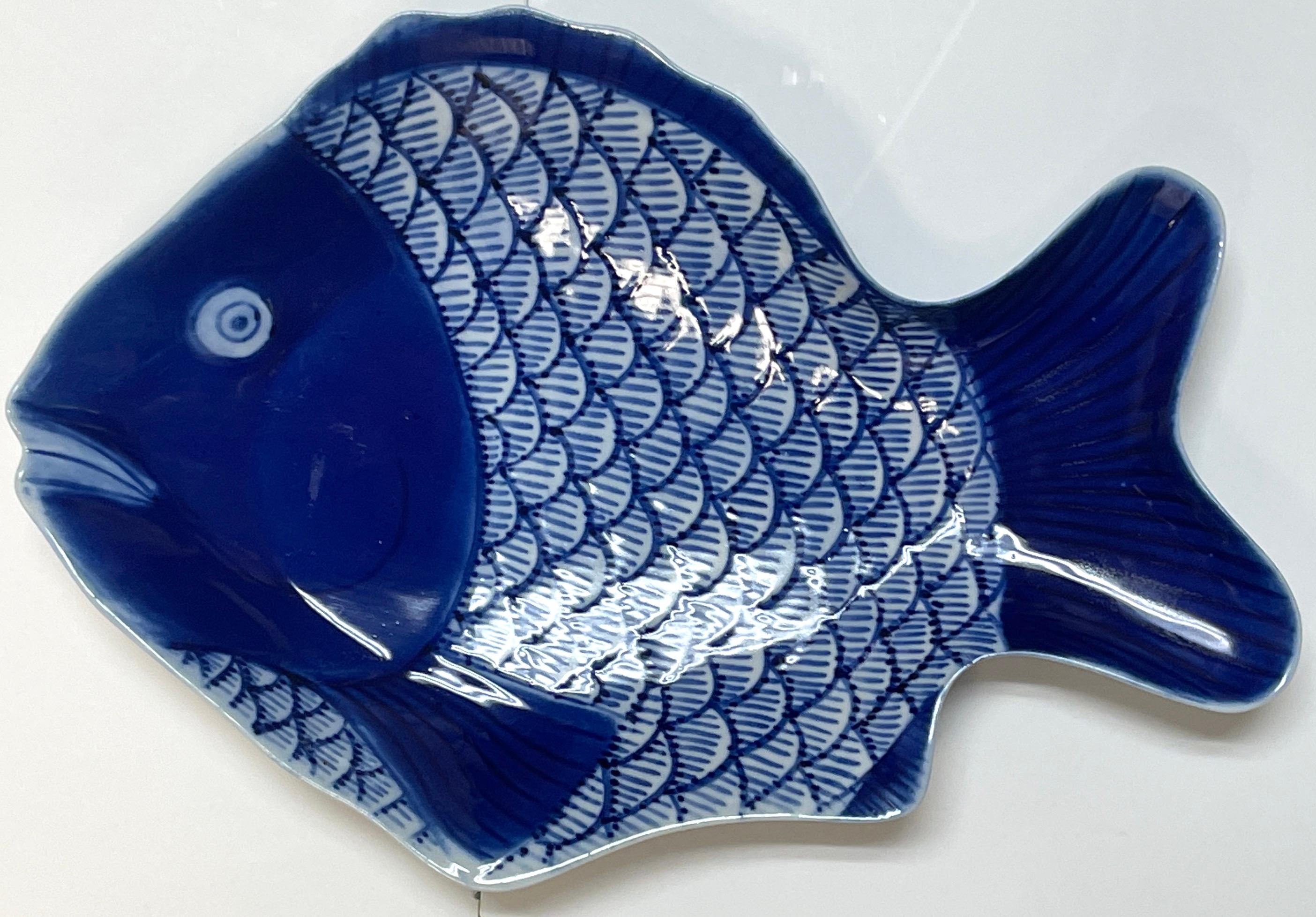 Japanese Set of Six Large Fukagawa Blue & White Fish Plates