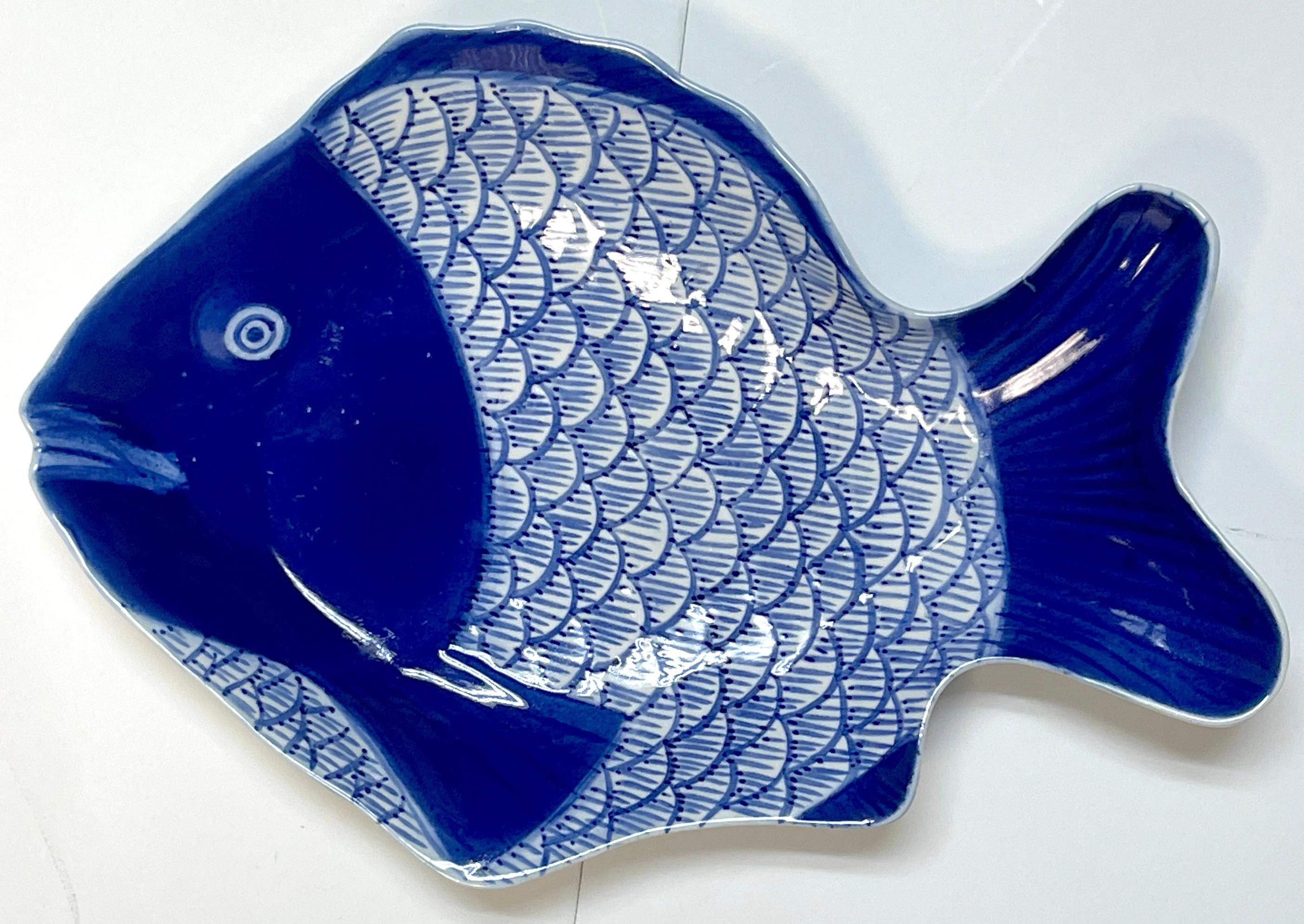 Hand-Painted Set of Six Large Fukagawa Blue & White Fish Plates