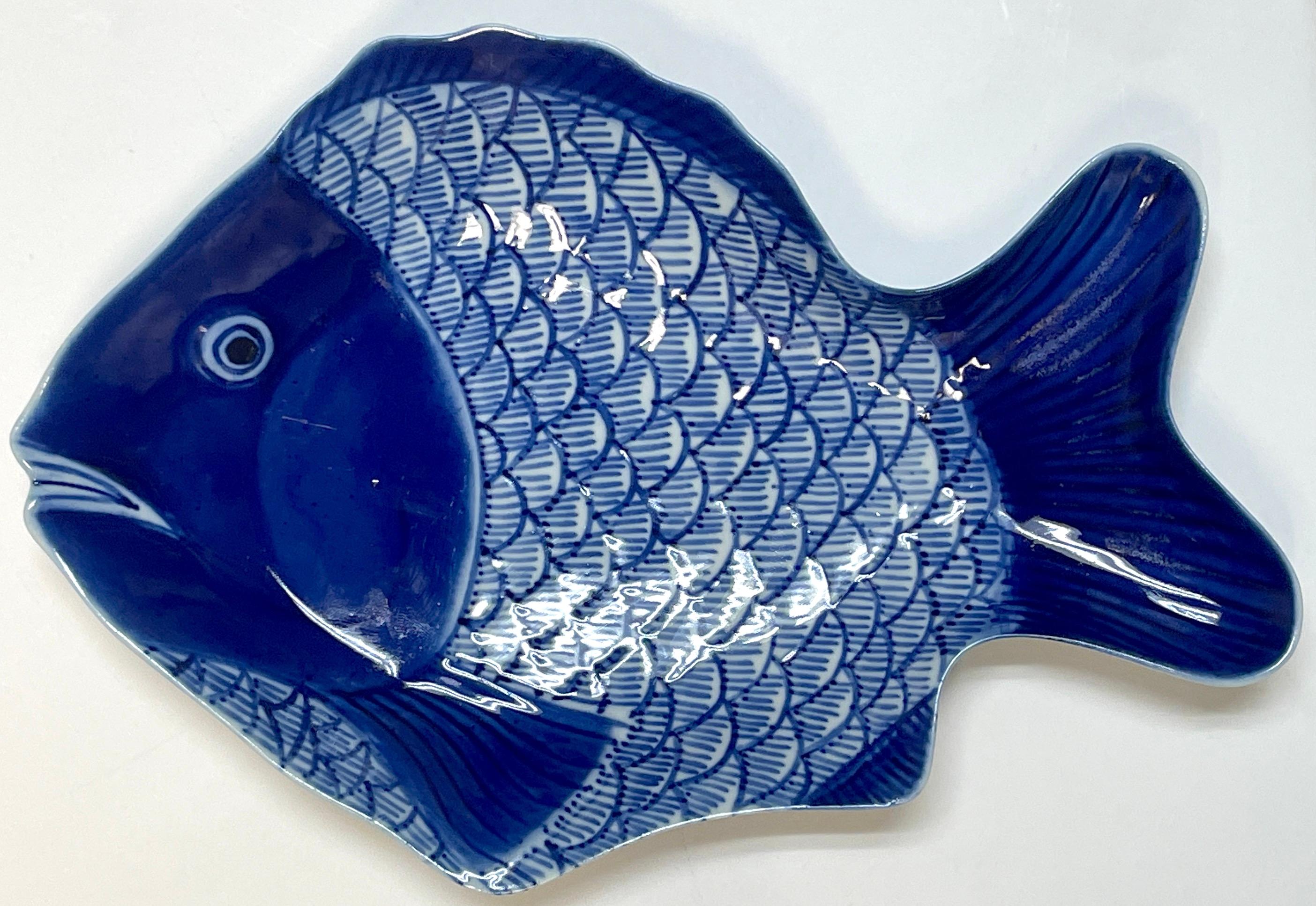 20th Century Set of Six Large Fukagawa Blue & White Fish Plates
