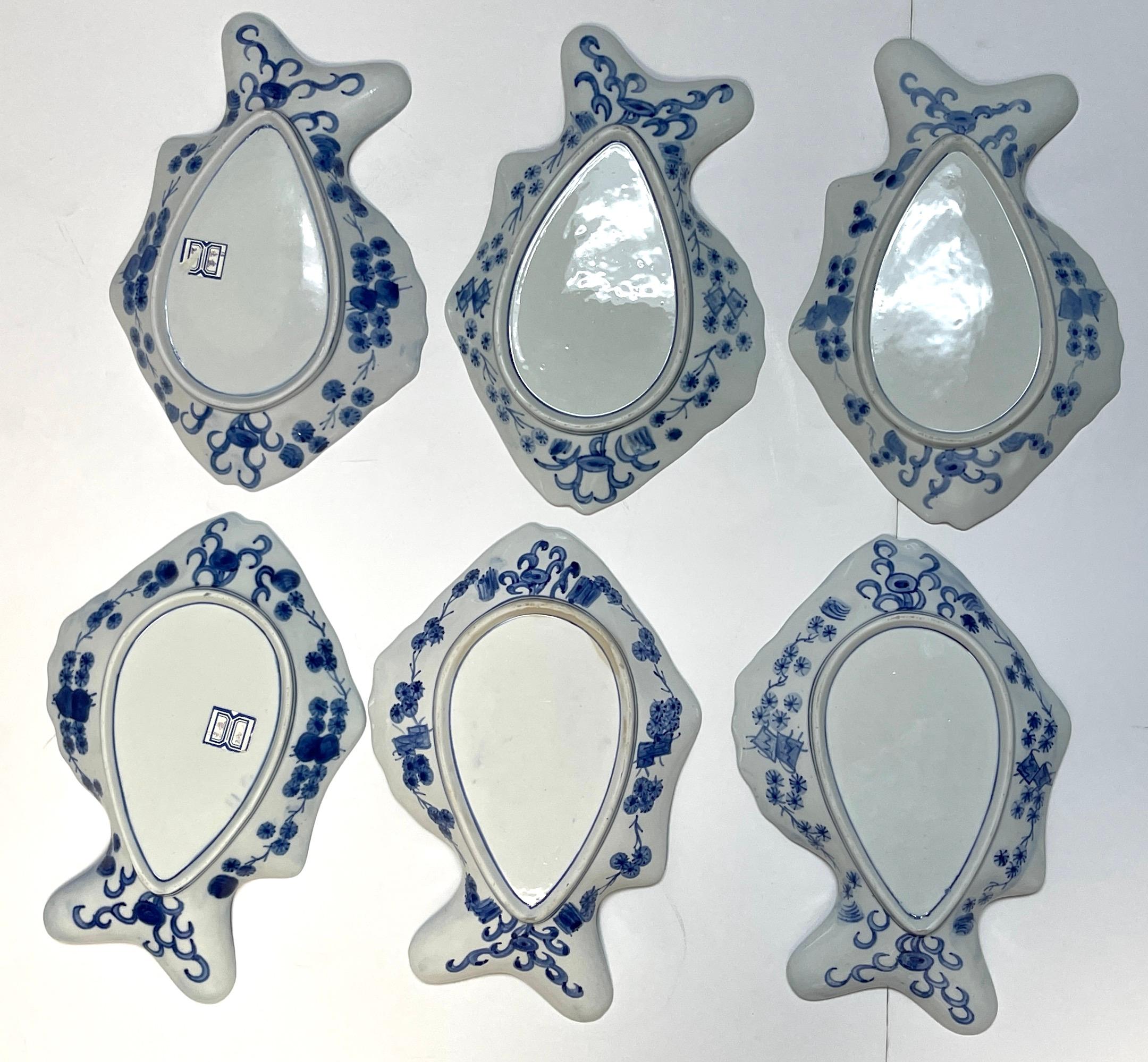 Porcelain Set of Six Large Fukagawa Blue & White Fish Plates