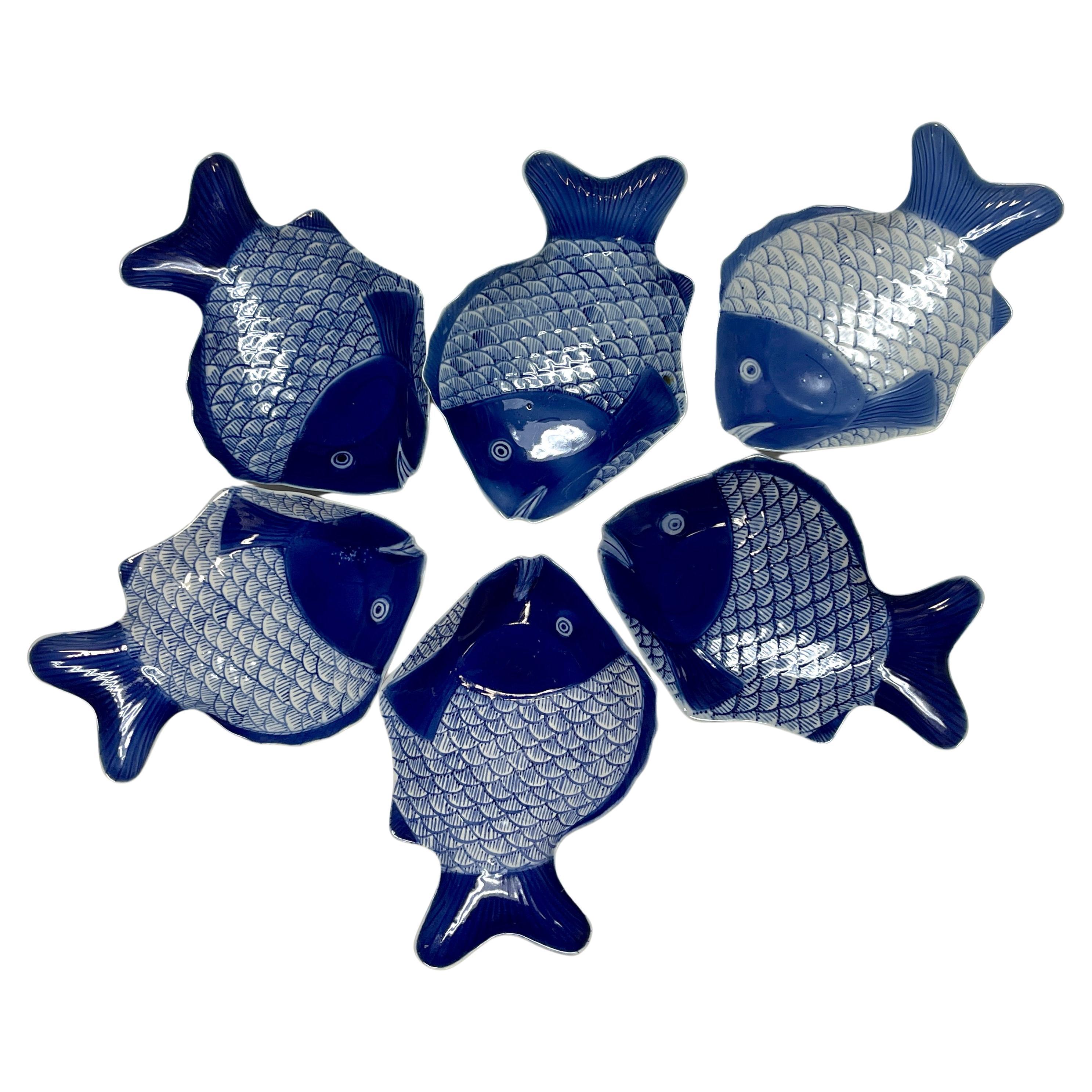 Set of Six Large Fukagawa Blue & White Fish Plates