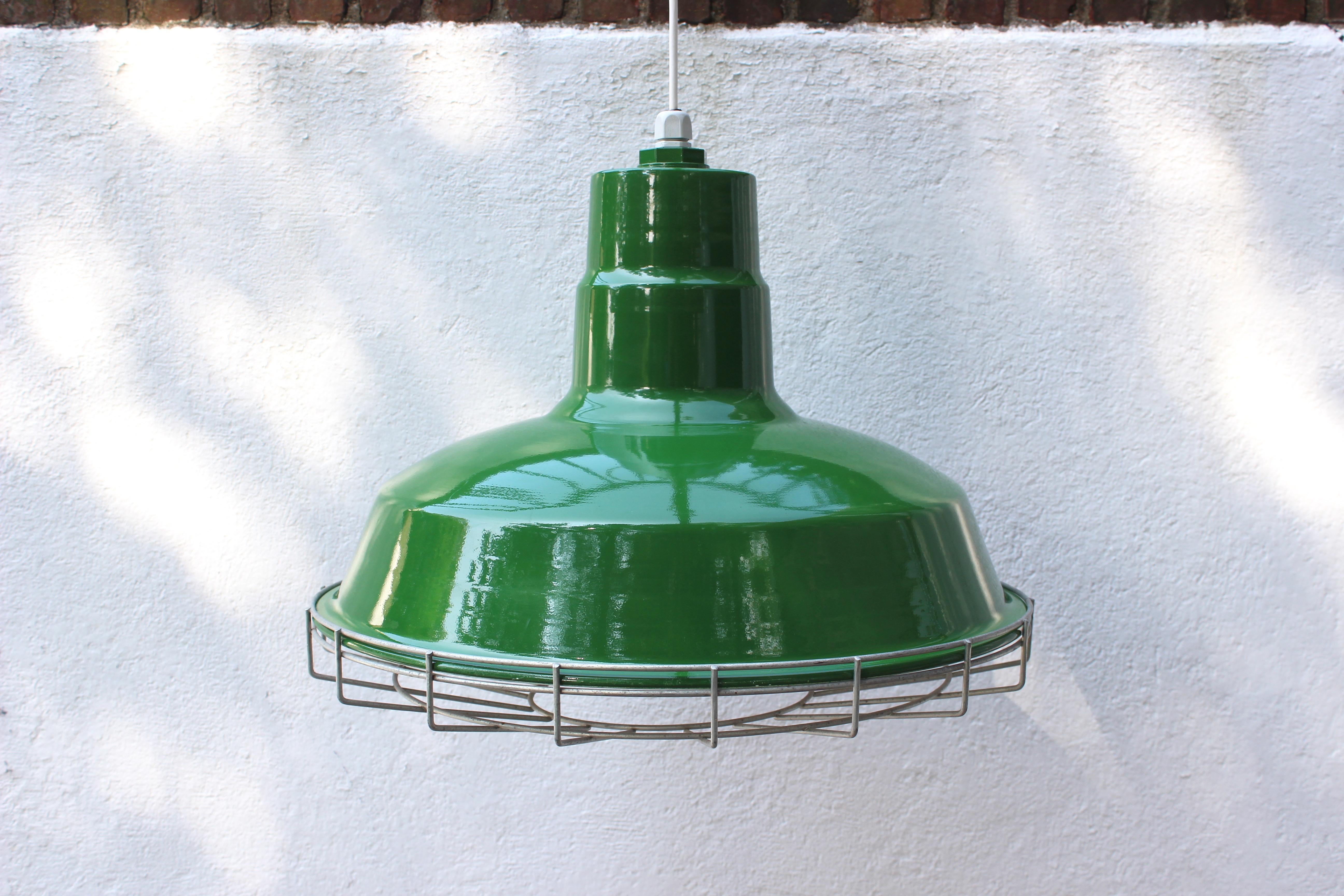 American Set of Six Large Green Metal Barn Light Fixtures