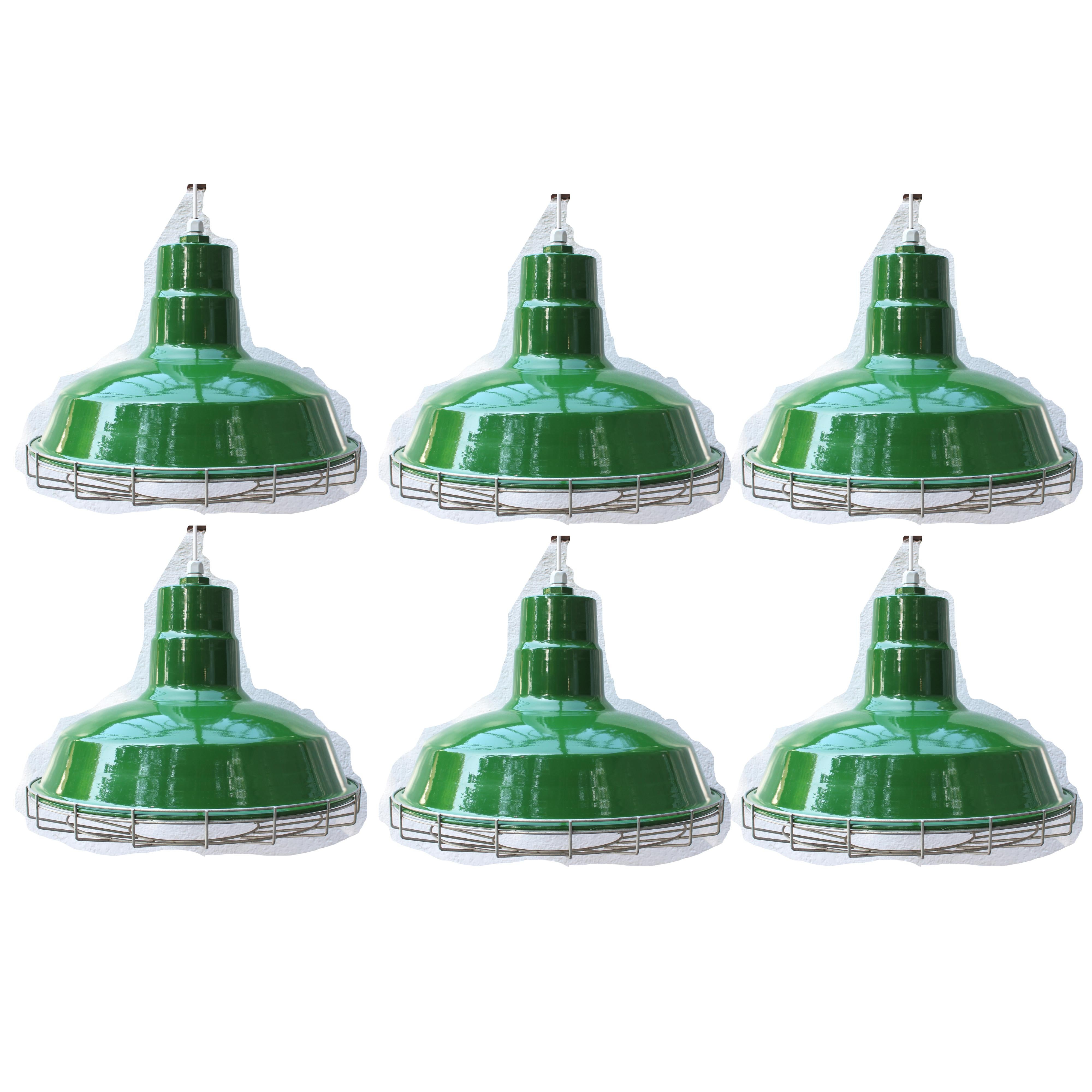 Set of Six Large Green Metal Barn Light Fixtures