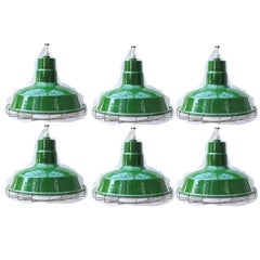 Vintage Set of Six Large Green Metal Barn Light Fixtures