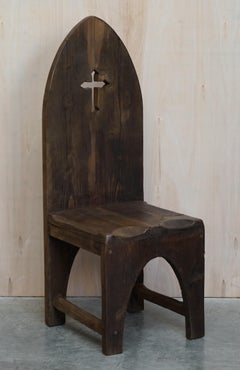 Set of Six Large Hand Carved Medieval Gothic Style Arched Back Dining Chairs