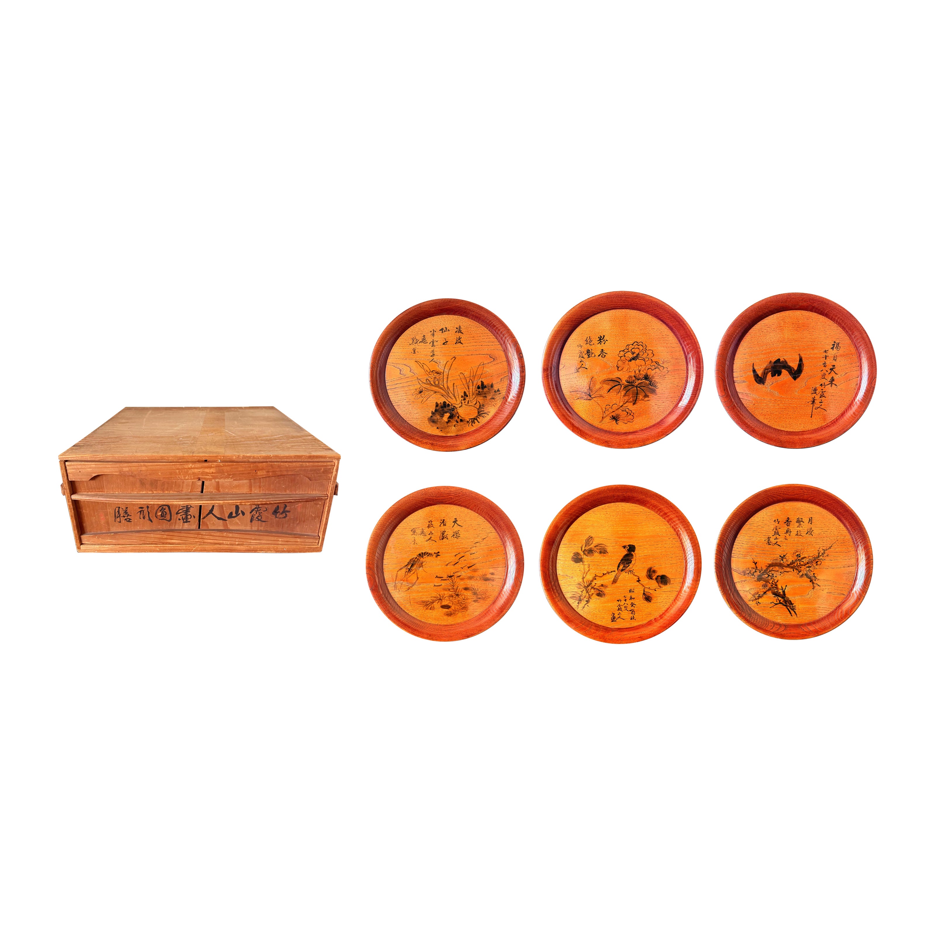 Set of Six Large Lacquered Wood Trays with Ink Paintings by Hirao Chikuka