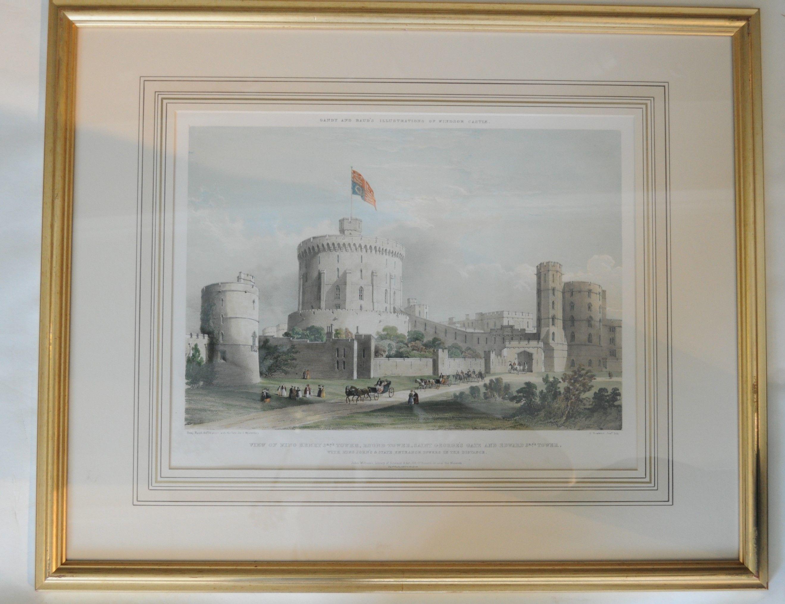 Rare set of six framed views of Windsor Castle, hand coloured lithographs, published in 1842 by Gandy & Baud for the Architectural Illustrations of Windsor Castle.
(Later hand colour, Modern mounts and frames).