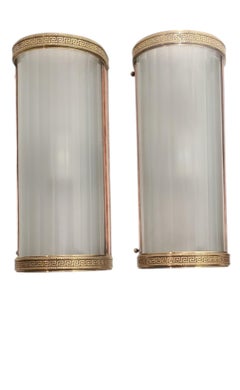 Set of six large original tubular wall sconces glass w/ brass + copper frames