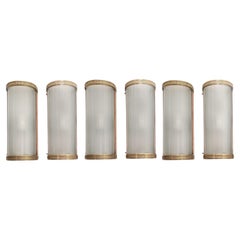 Set of six large original tubular wall sconces glass w/ brass + copper frames