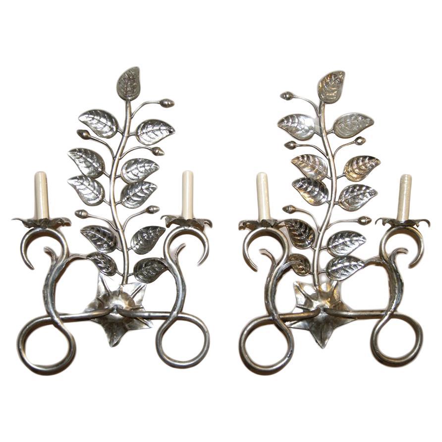 Set of Six Large Silver-Leafed Sconces, Sold in Pairs