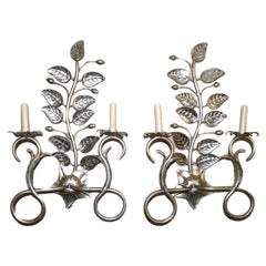Set of Six Large Silver-Leafed Sconces, Sold in Pairs