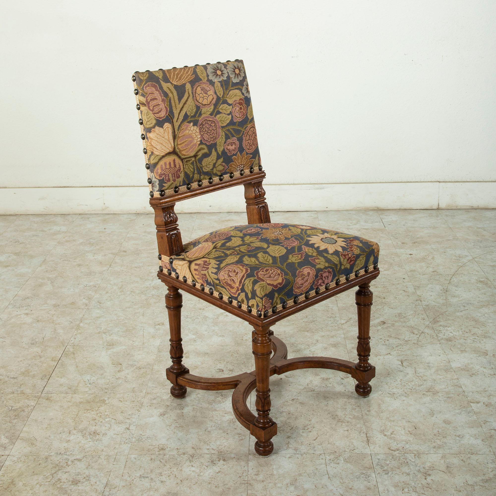 Renaissance Set of Six Late 19th Century French Hand Carved Walnut Side Chairs Dining Chairs