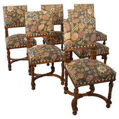 Set of Six Late 19th Century French Hand Carved Walnut Side Chairs Dining Chairs