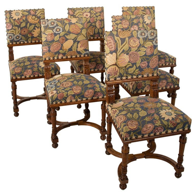Set of Six Late 19th Century French Hand Carved Walnut Side Chairs