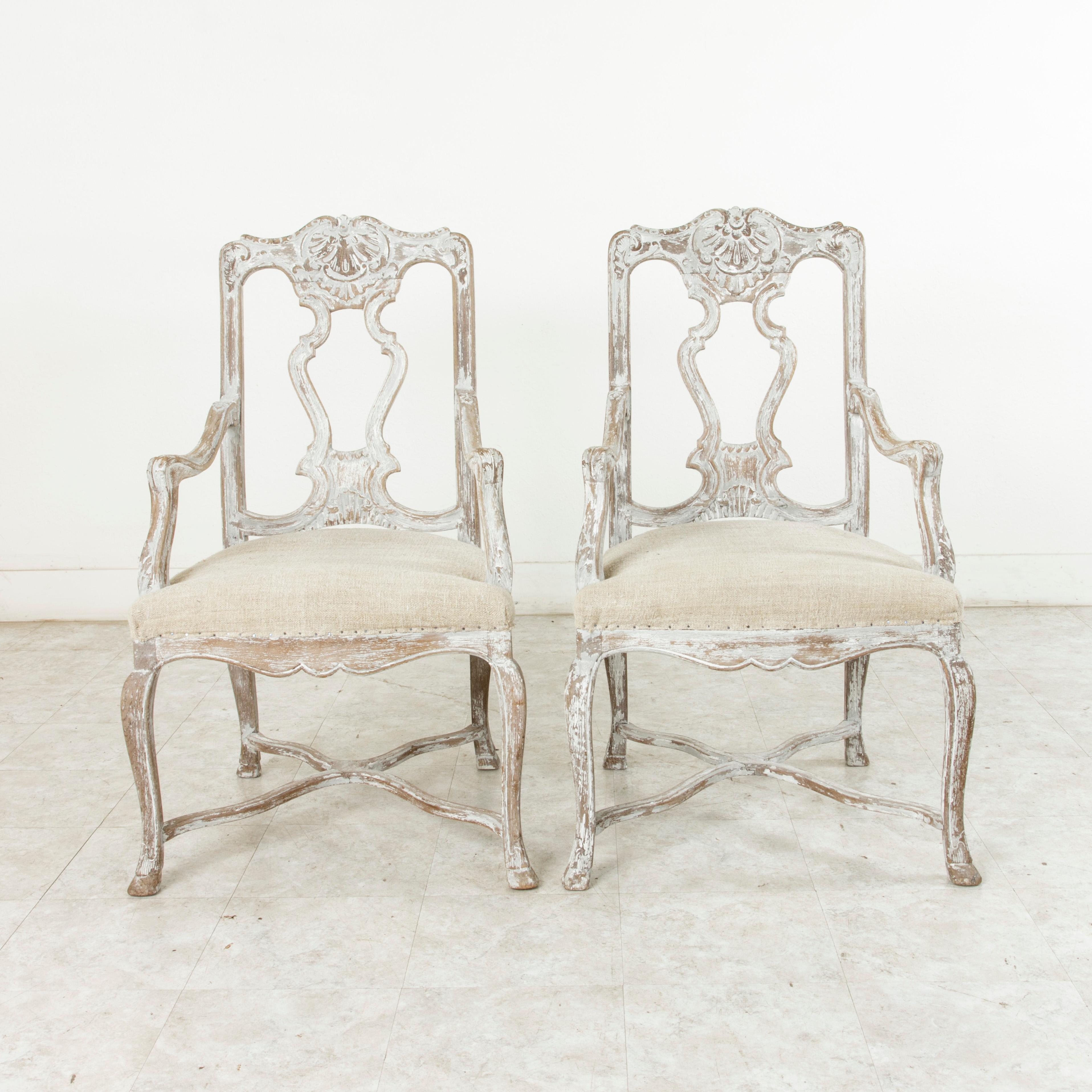 Painted Set of Six Late 19th Century French Regency Style Hand-Carved Oak Dining Chairs
