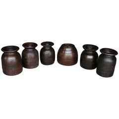 Antique Set of Six Late 19th Century Hand Carved Wooden Pots from Naga Land