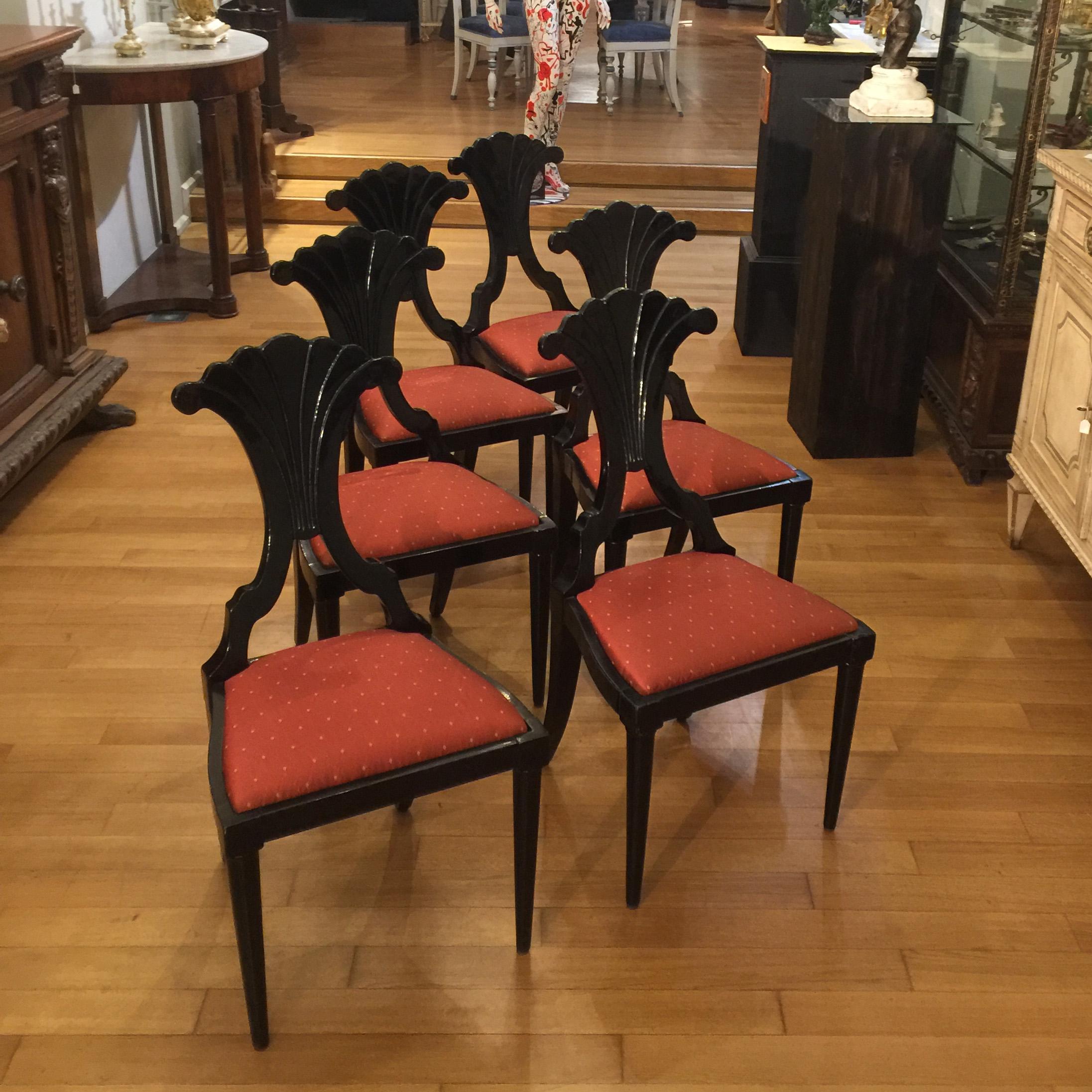 Set of Six Late 19th Century Italian Bidermeier Chairs in Solid Black Wood For Sale 6