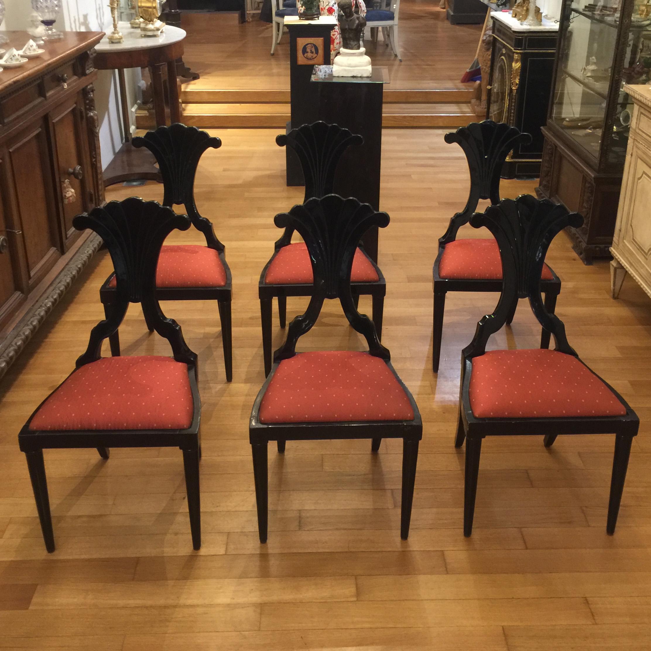Biedermeier Set of Six Late 19th Century Italian Bidermeier Chairs in Solid Black Wood For Sale
