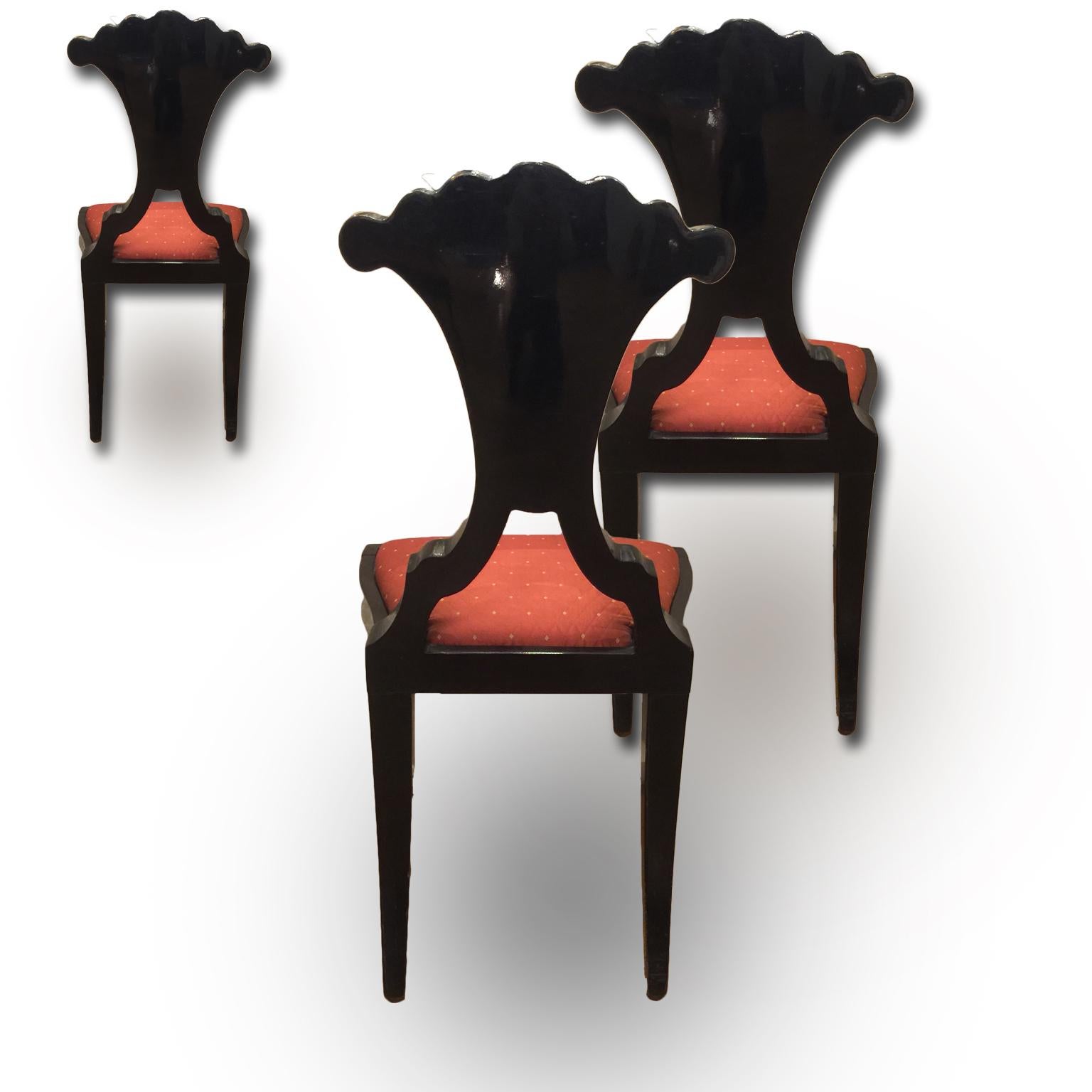 Set of Six Late 19th Century Italian Bidermeier Chairs in Solid Black Wood For Sale 3
