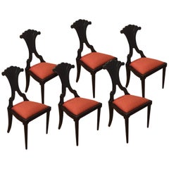 Antique Set of Six Late 19th Century Italian Bidermeier Chairs in Solid Black Wood