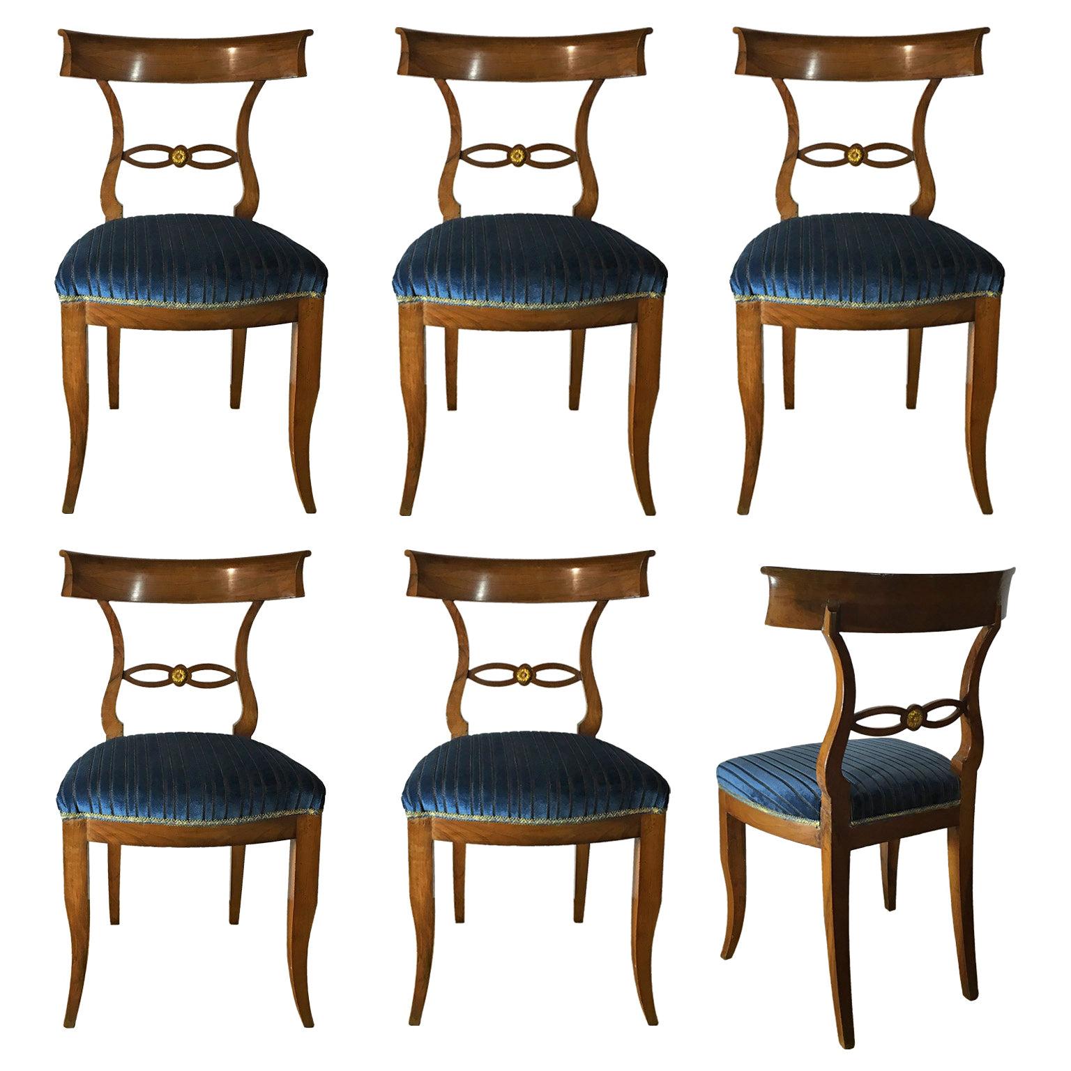 Set of Six Late 19th Century Italian Directoire Chairs in Solid Walnut Wood For Sale