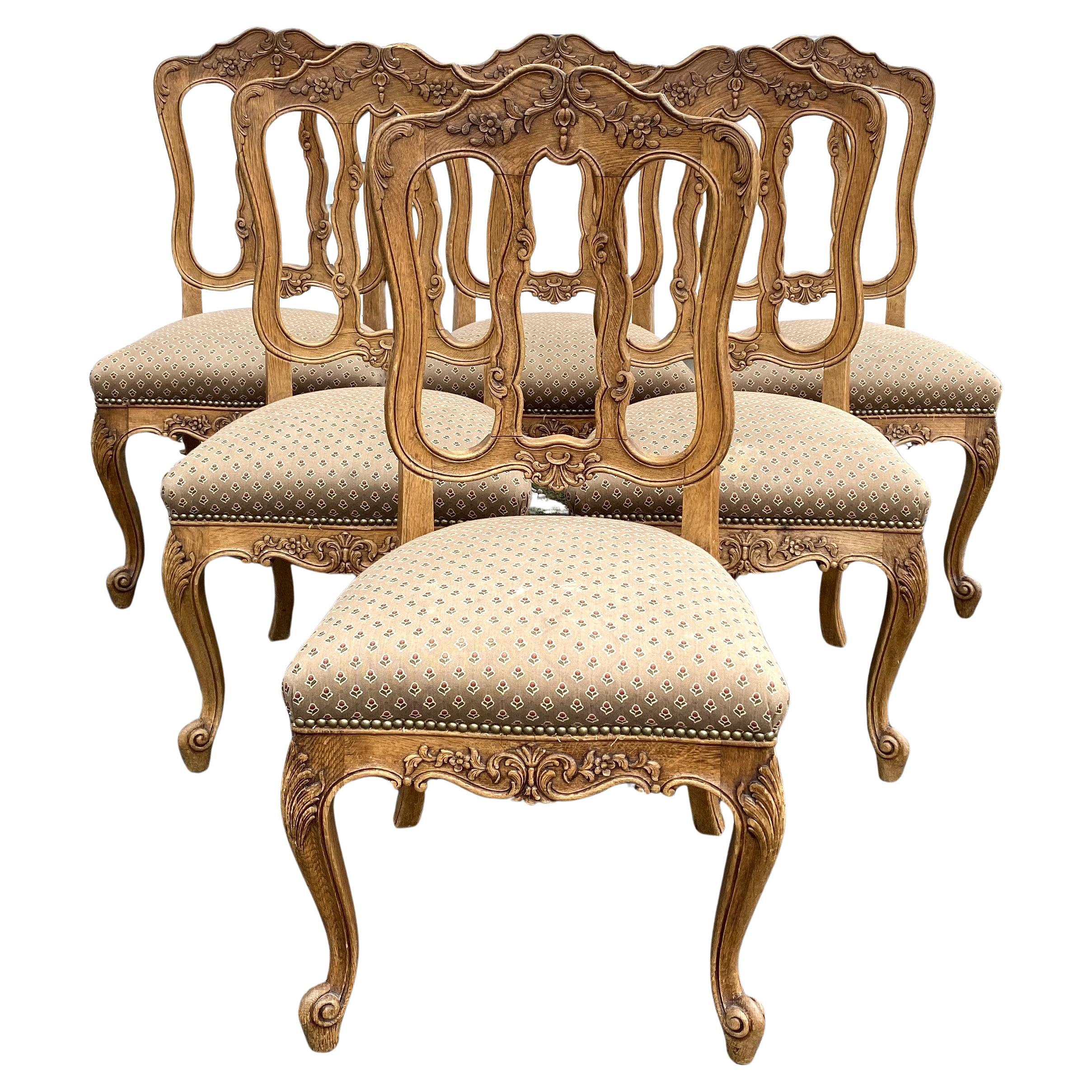 Set of Six Late 19th Century Louis XV Style Carved Oak Upholstered Dining Chairs For Sale