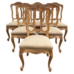 Antique Set of Six Late 19th Century Louis XV Style Carved Oak Upholstered Dining Chairs