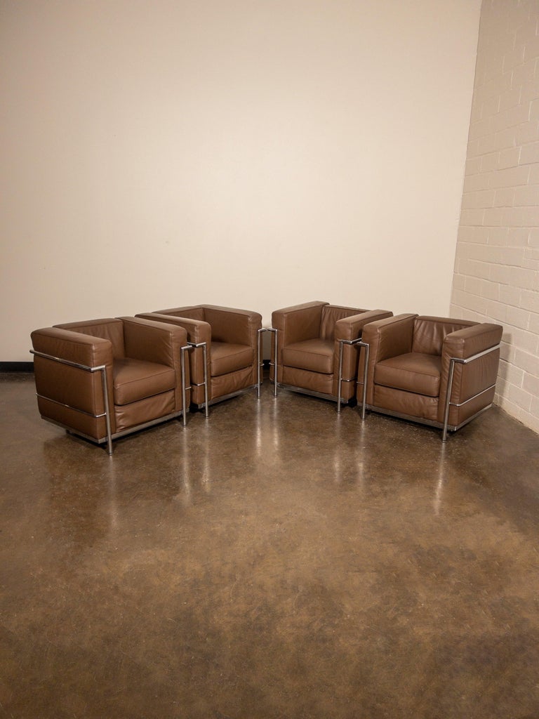Late 20th Century Set of Six 'LC2' Leather Club Chairs by Le Corbusier for Alivar, Signed For Sale