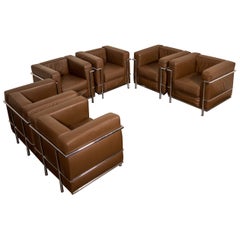 Set of Six 'LC2' Leather Club Chairs by Le Corbusier for Alivar, Signed