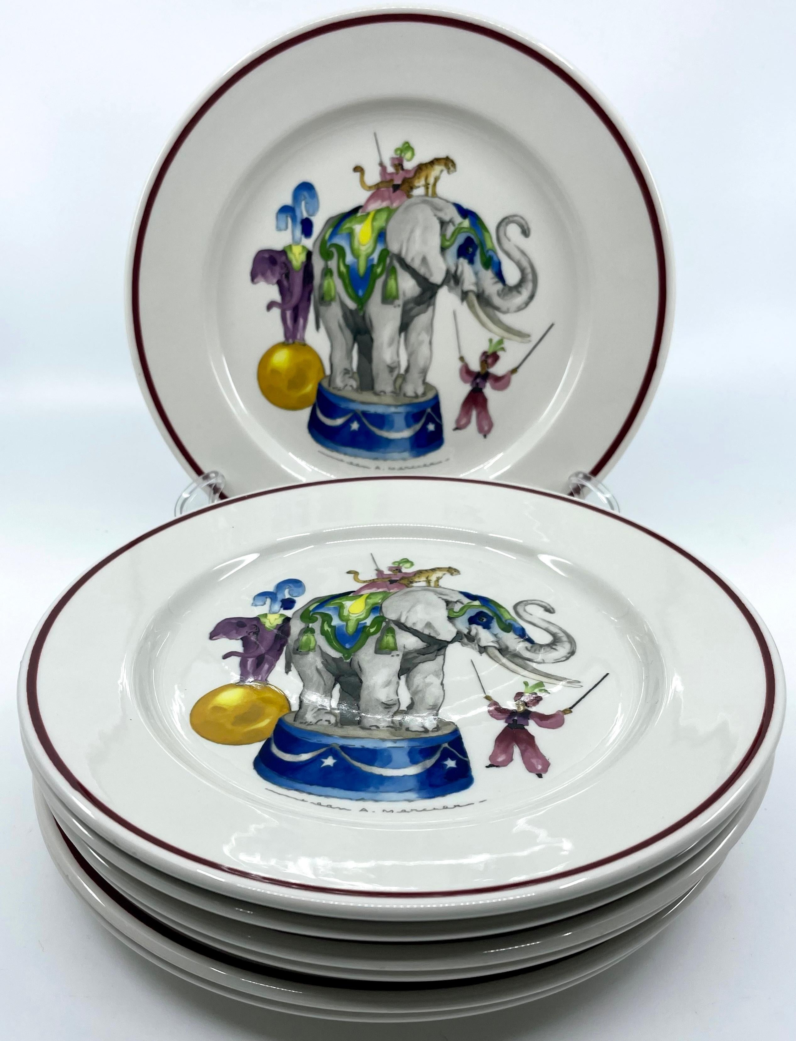 Set of six Le Cirque circus elephant plates. Set of plates in purple, green and various blue tones of elephant in circus with markings for Villeroy and Boch. Luxembourg, 20th century. 
Dimensions: 8.25