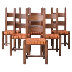 Ensemble de six chaises de salle à manger hollandaises du milieu du siècle en cuir et en Oak