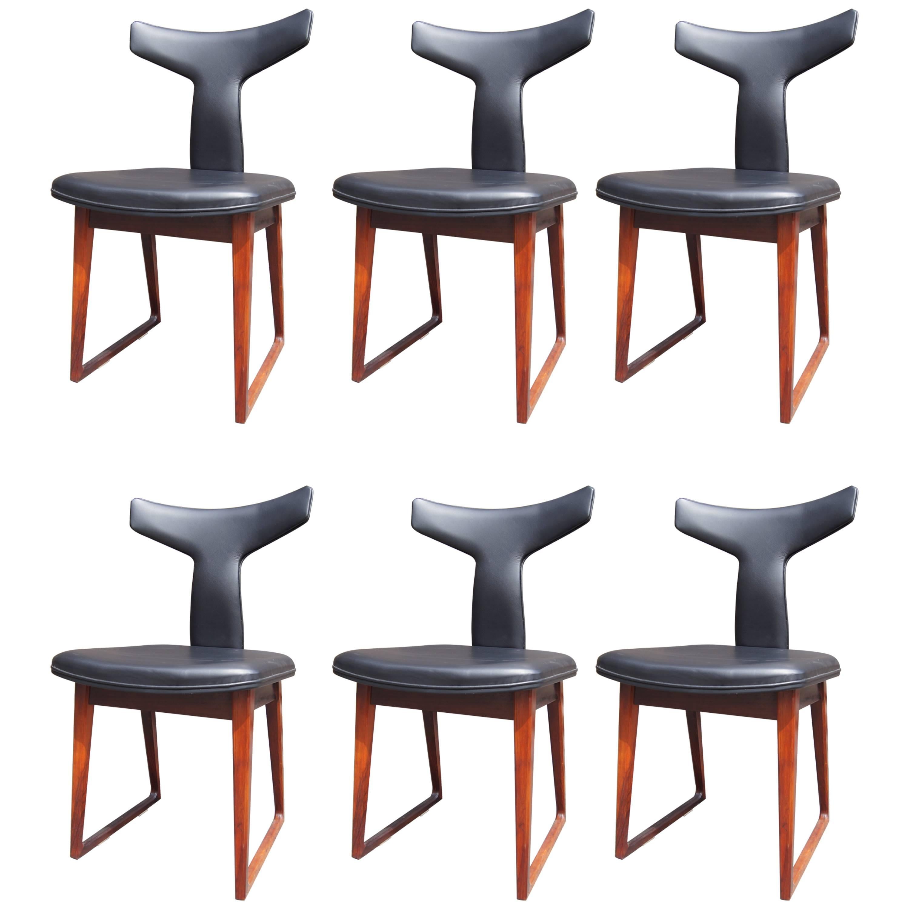 Set of Six Leather and Rosewood Dining Chairs by Arne Vodder for Sibast