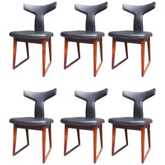 Set of Six Leather and Rosewood T-Back Dining Chairs by Arne Vodder for Sibast