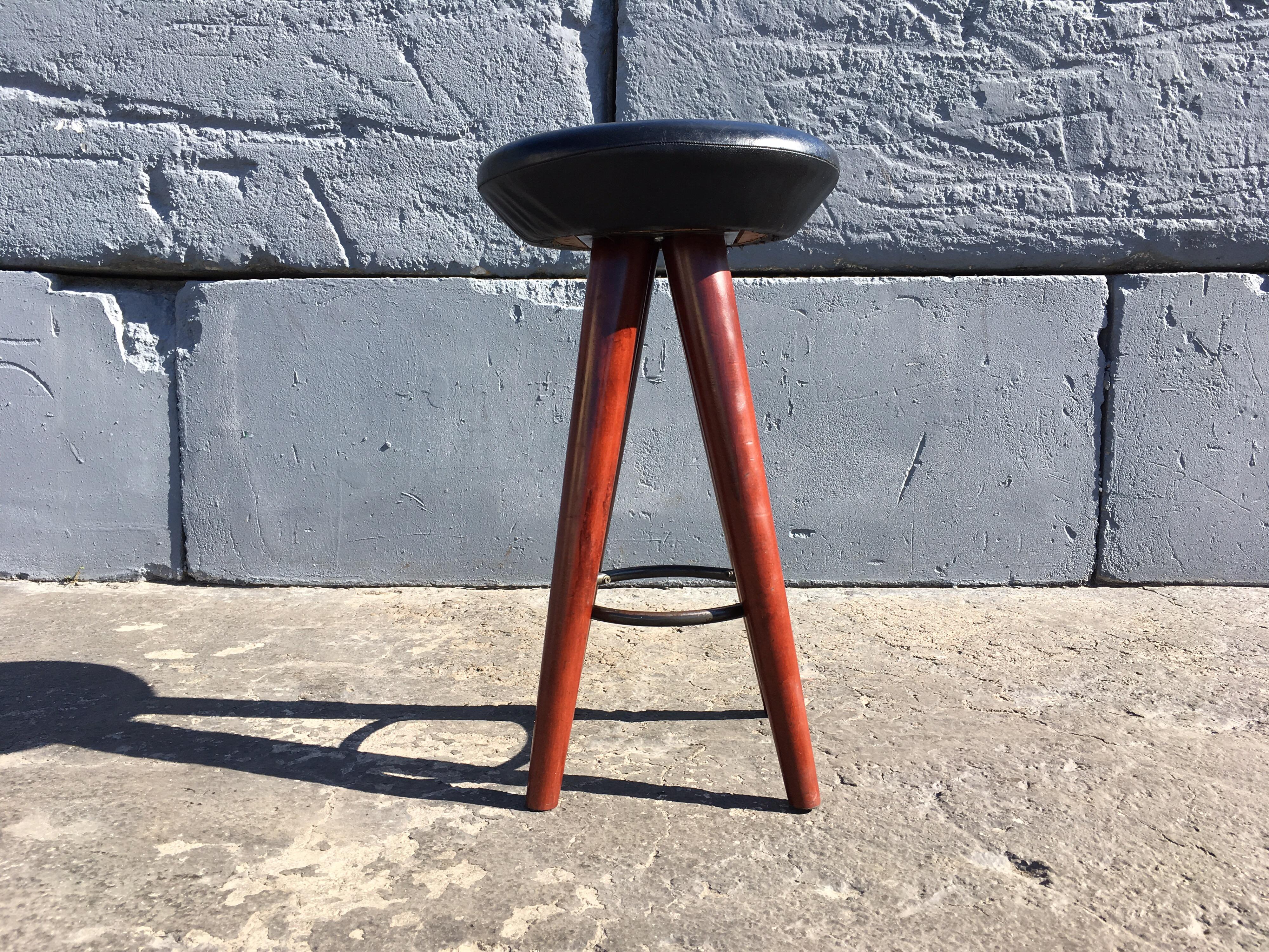 Set of Six Black Leather and Wood Bar Stools 5