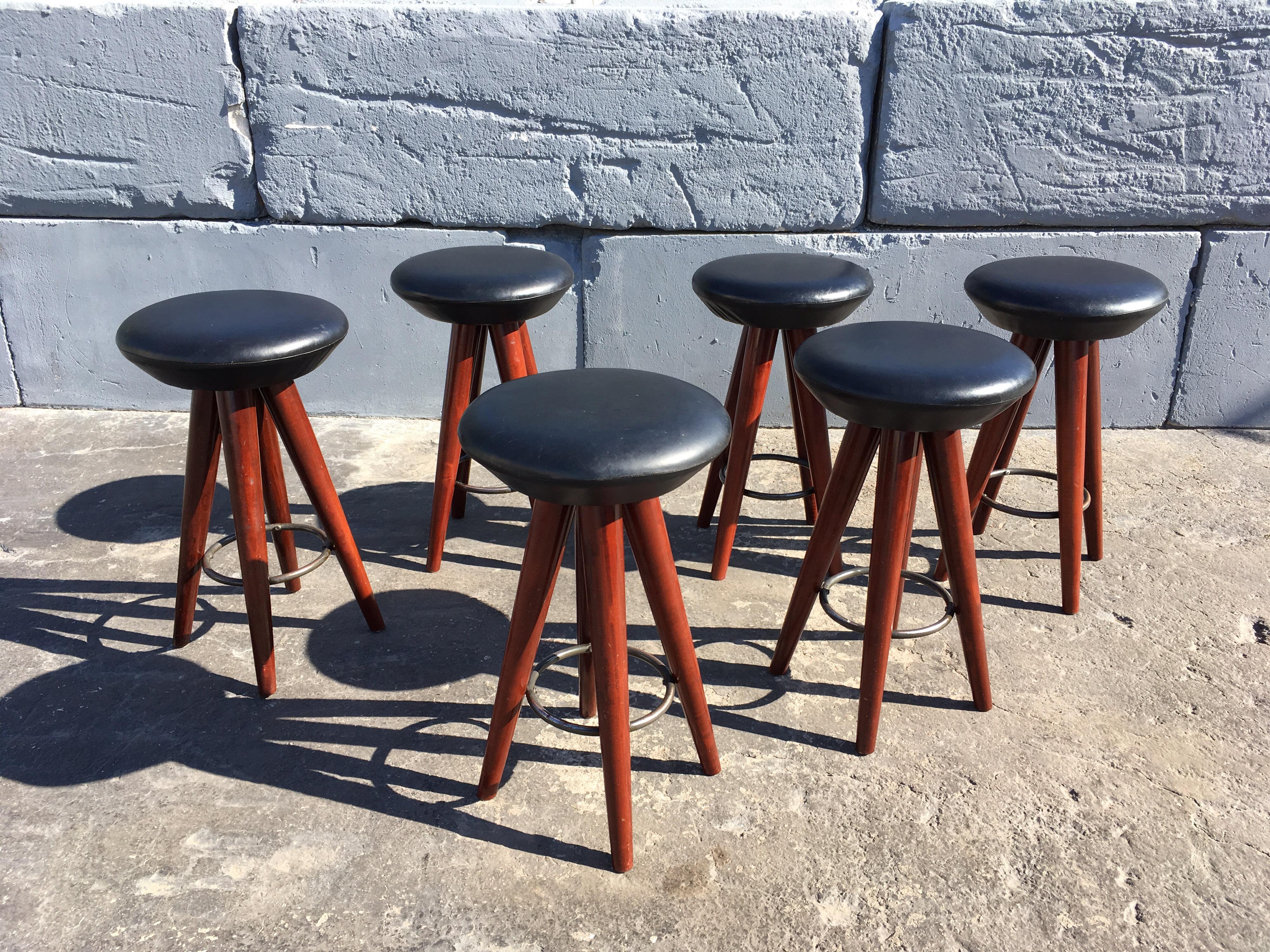 Set of Six Black Leather and Wood Bar Stools In Good Condition In Miami, FL