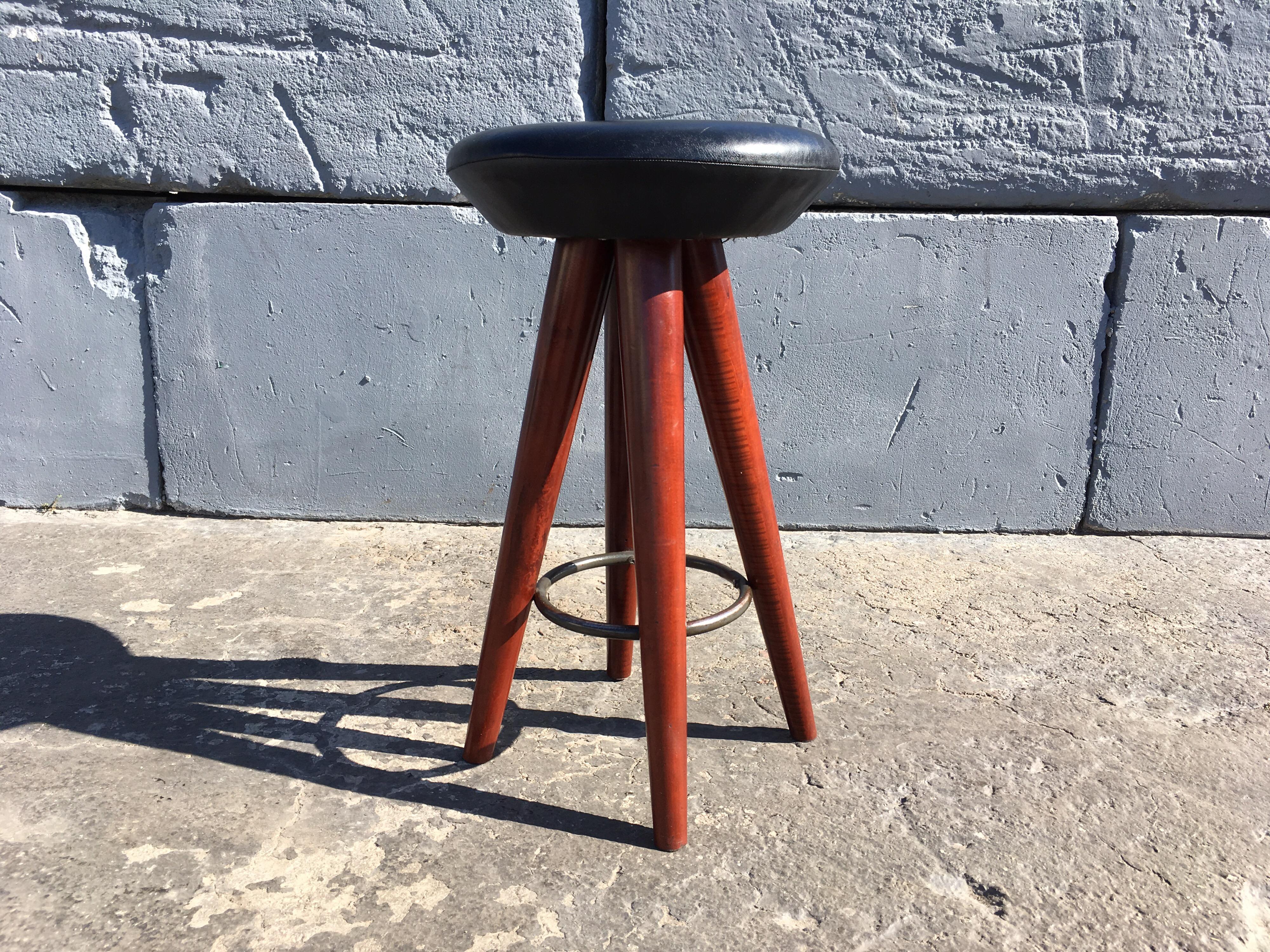 Late 20th Century Set of Six Black Leather and Wood Bar Stools