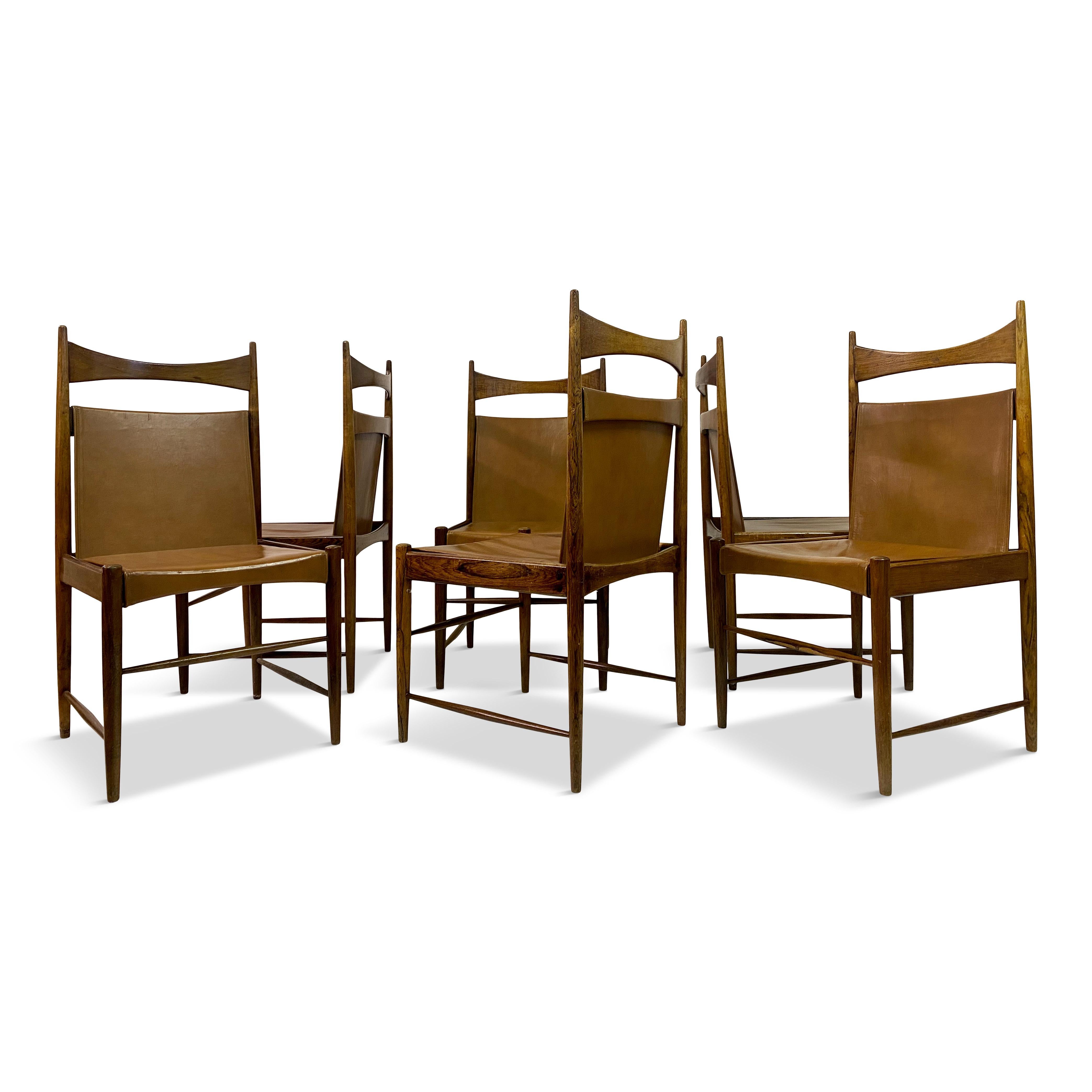 Set of Six Leather Dining Chairs by Sergio Rodrigues In Good Condition For Sale In London, London