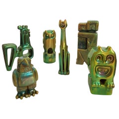 Set of Six Lid Century Ceramic Green Eosin Figures by Zsolnay, with 1960s Stamps