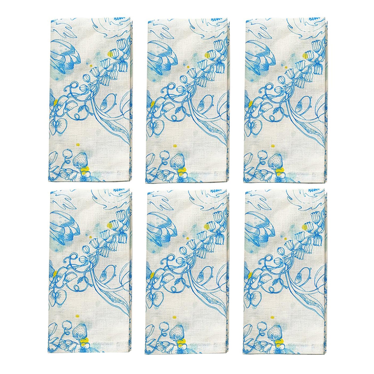 Set of Six Light Blue Linen Voile Napkins "Blue Summer" Design