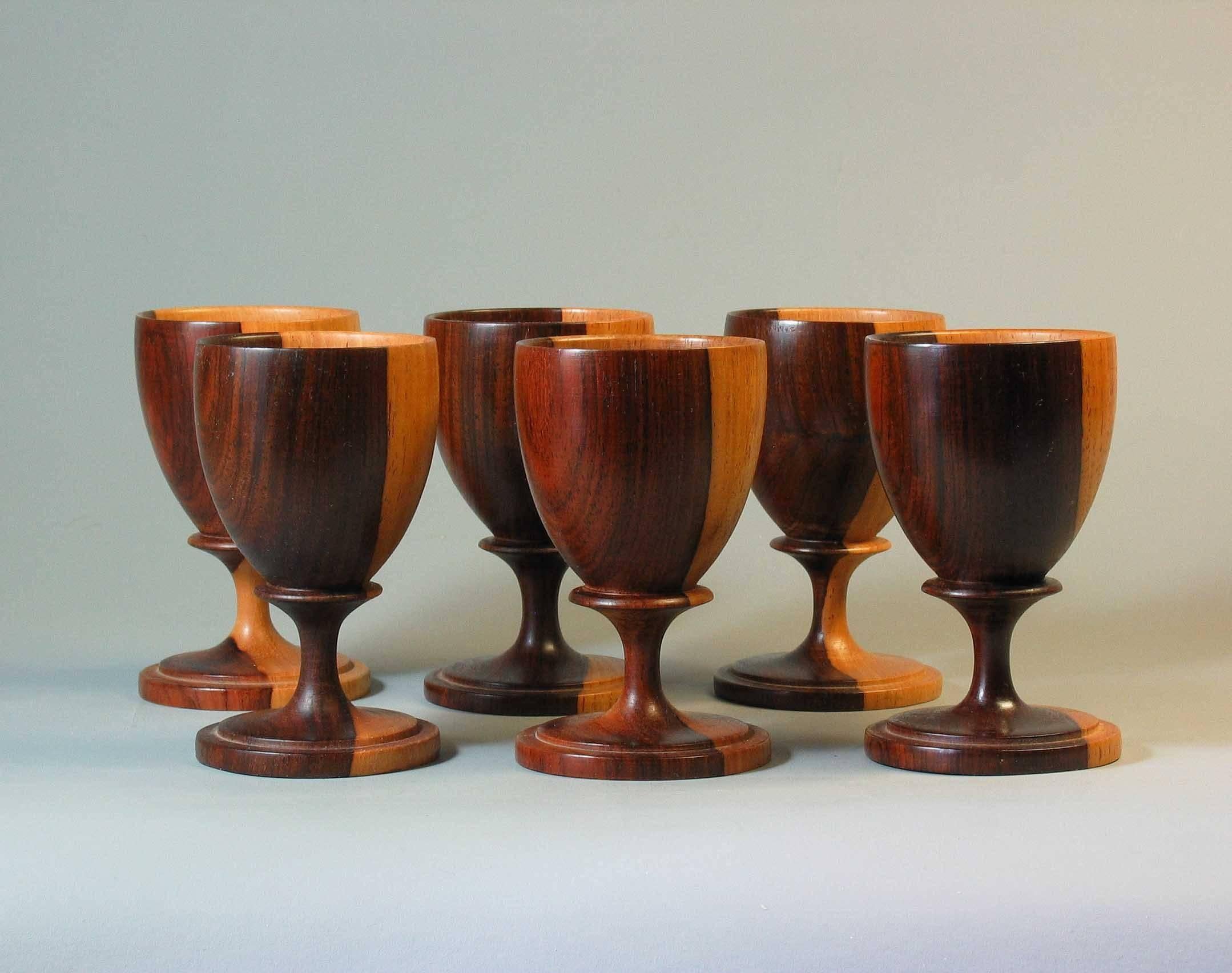 Mid-Century Modern Set of Six Lignum Vitae Goblets and Six Coasters with Storage Box, circa 1960 For Sale