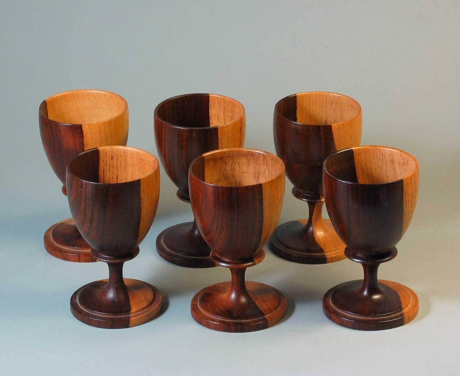 Turned Set of Six Lignum Vitae Goblets and Six Coasters with Storage Box, circa 1960 For Sale