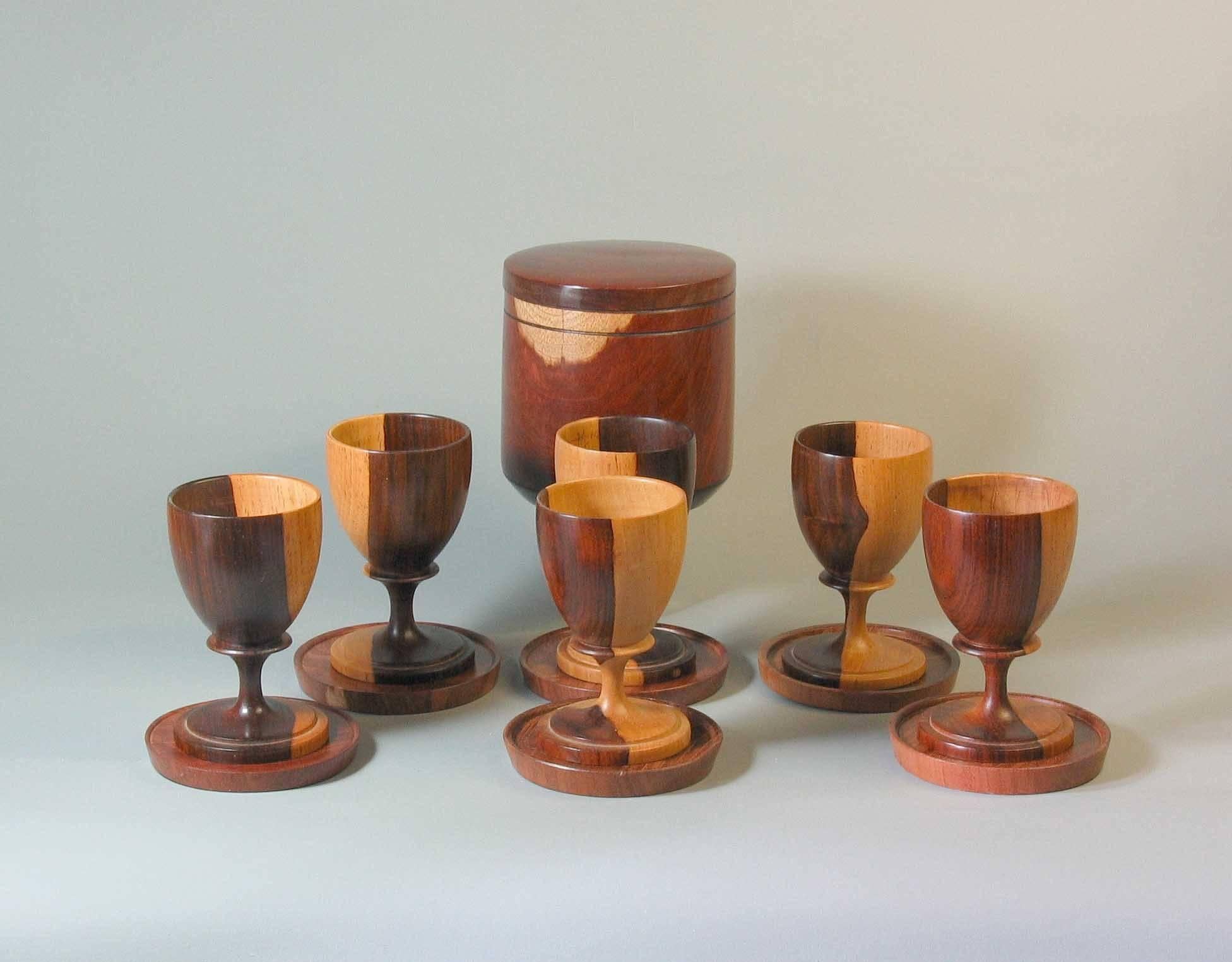20th Century Set of Six Lignum Vitae Goblets and Six Coasters with Storage Box, circa 1960 For Sale