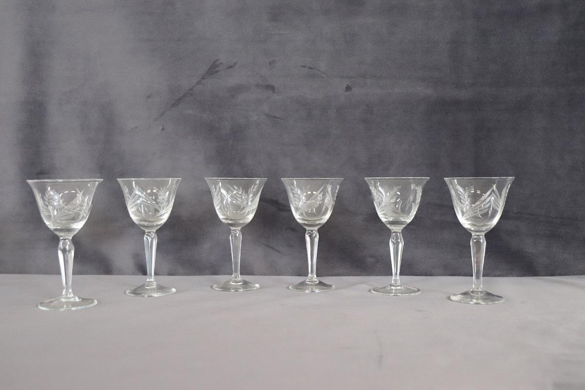 Beautiful and refined Italian crystal glasses complete for six people at the table. The glasses are transparent with refined engraved decoration. The size of the glass is perfect for serving a liqueur.


 
