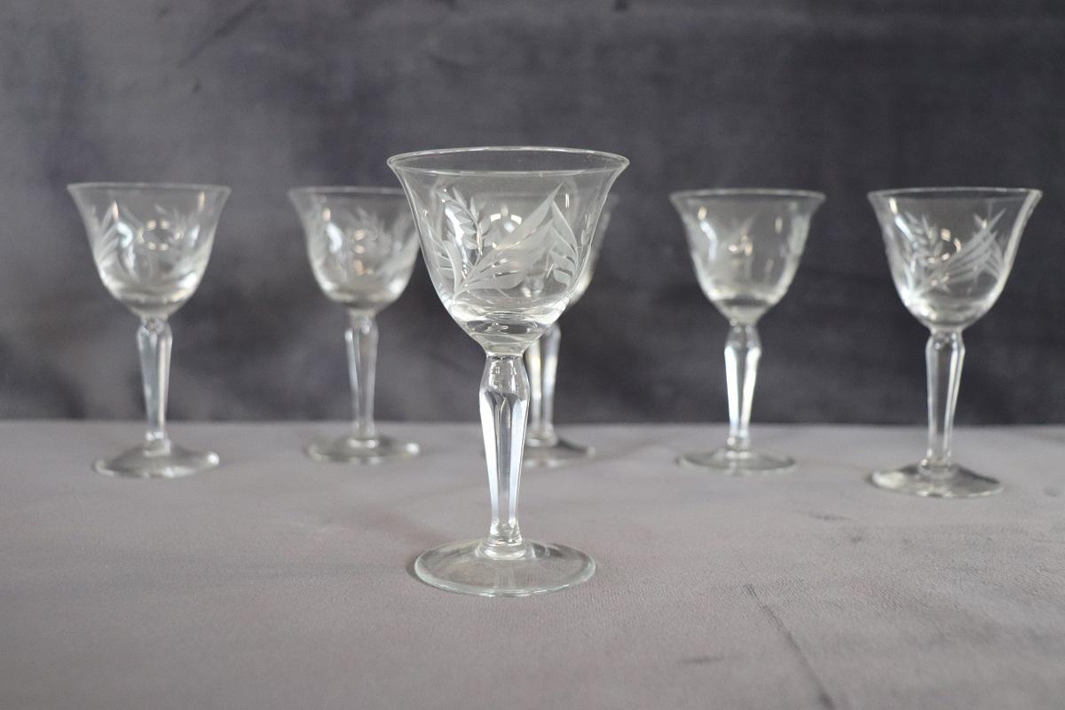 Italian Set of Six Liqueur Crystal Glasses with Refined Decoration For Sale