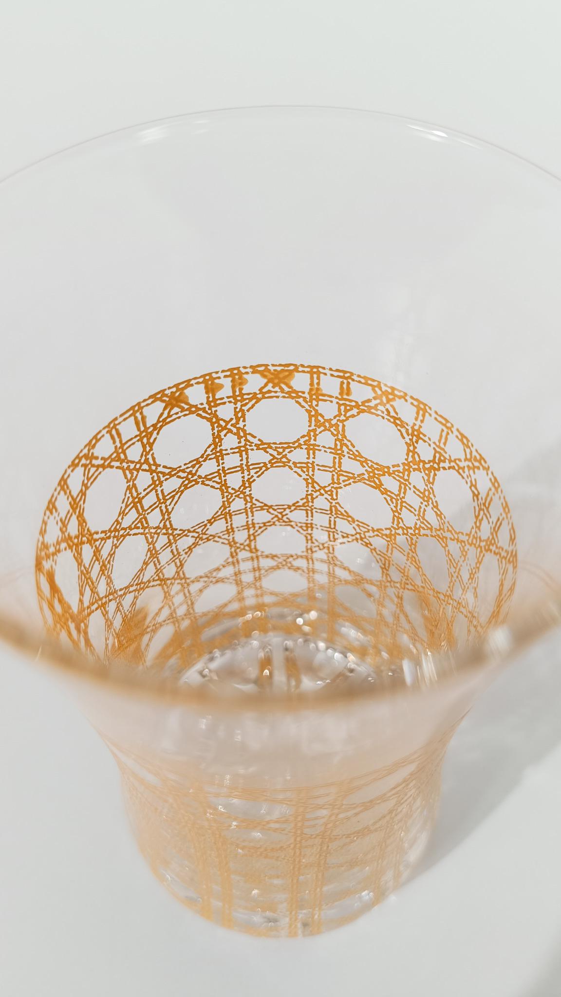 Set of Six Long Drink Glasses Decorated with Rattan Cane Webbing Decal For Sale 4