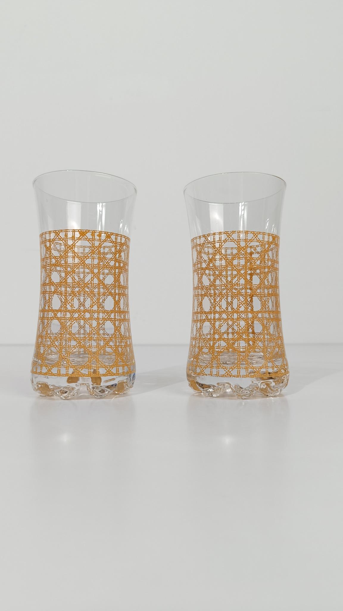 Set of Six Long Drink Glasses Decorated with Rattan Cane Webbing Decal For Sale 7