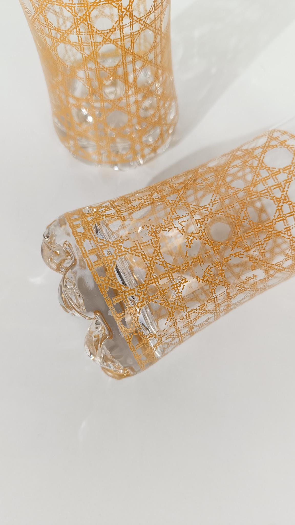Mid-Century Modern Set of Six Long Drink Glasses Decorated with Rattan Cane Webbing Decal For Sale
