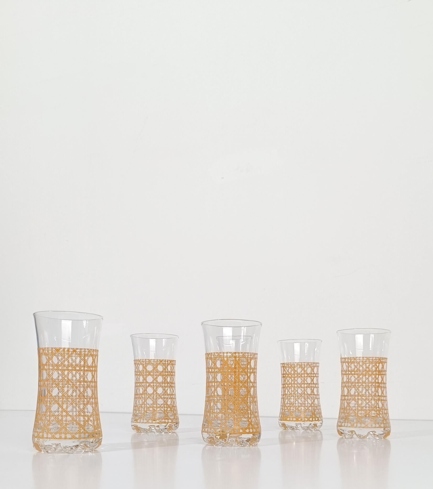 Italian Set of Six Long Drink Glasses Decorated with Rattan Cane Webbing Decal For Sale