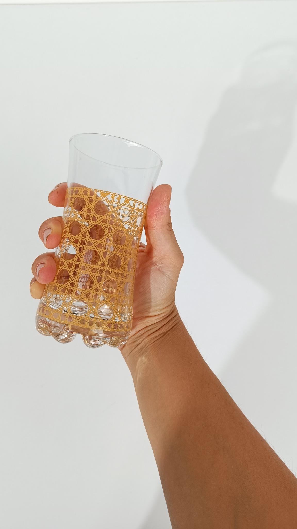Set of Six Long Drink Glasses Decorated with Rattan Cane Webbing Decal For Sale 2