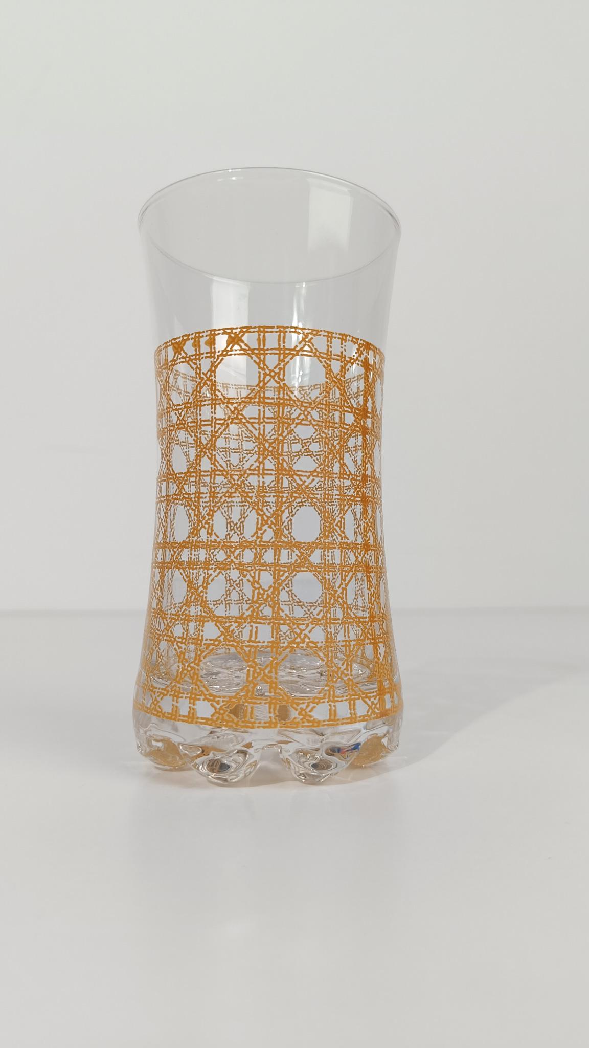 Set of Six Long Drink Glasses Decorated with Rattan Cane Webbing Decal For Sale 3